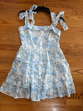 Altar'd State Blue and White Floral Tie-Shoulder Ruffled Dress